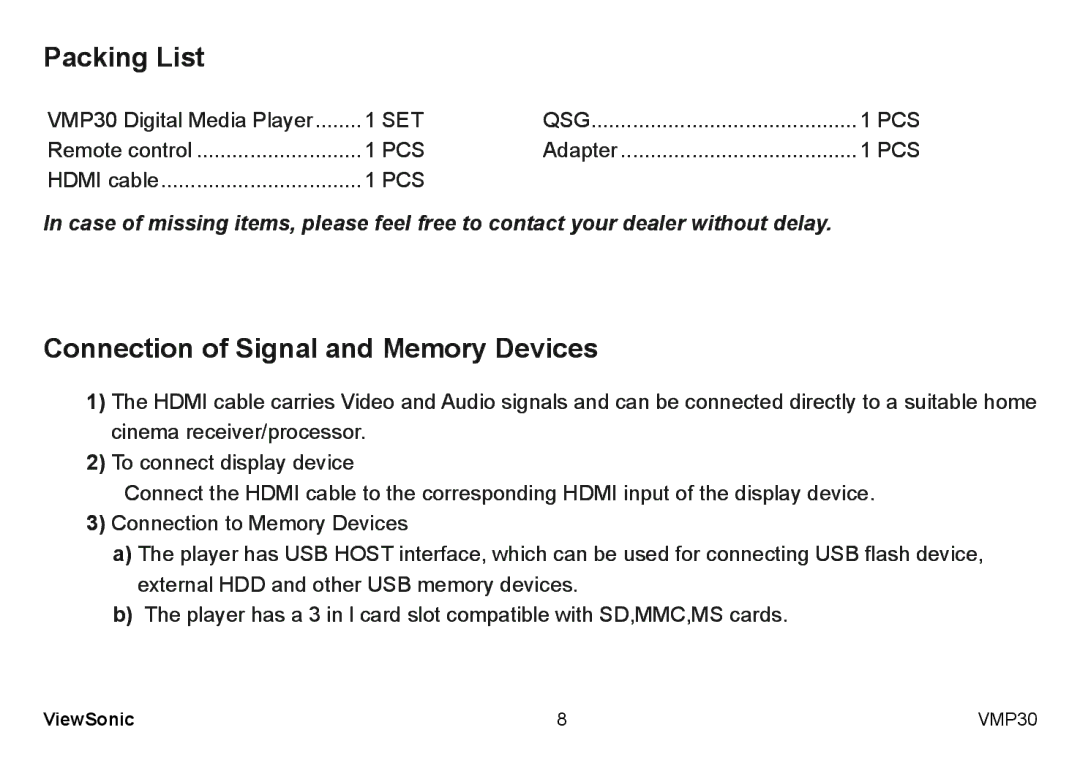 ViewSonic VS12770 manual Packing List, Connection of Signal and Memory Devices 