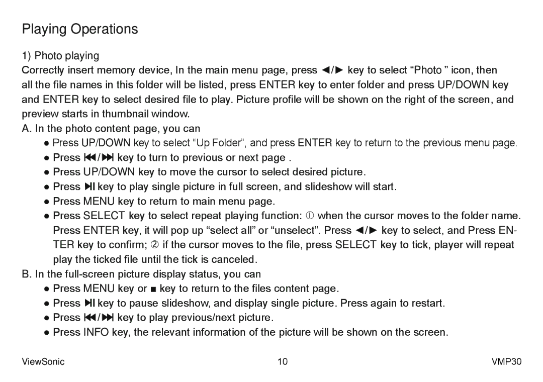 ViewSonic VS12770 manual Playing Operations, Photo playing 