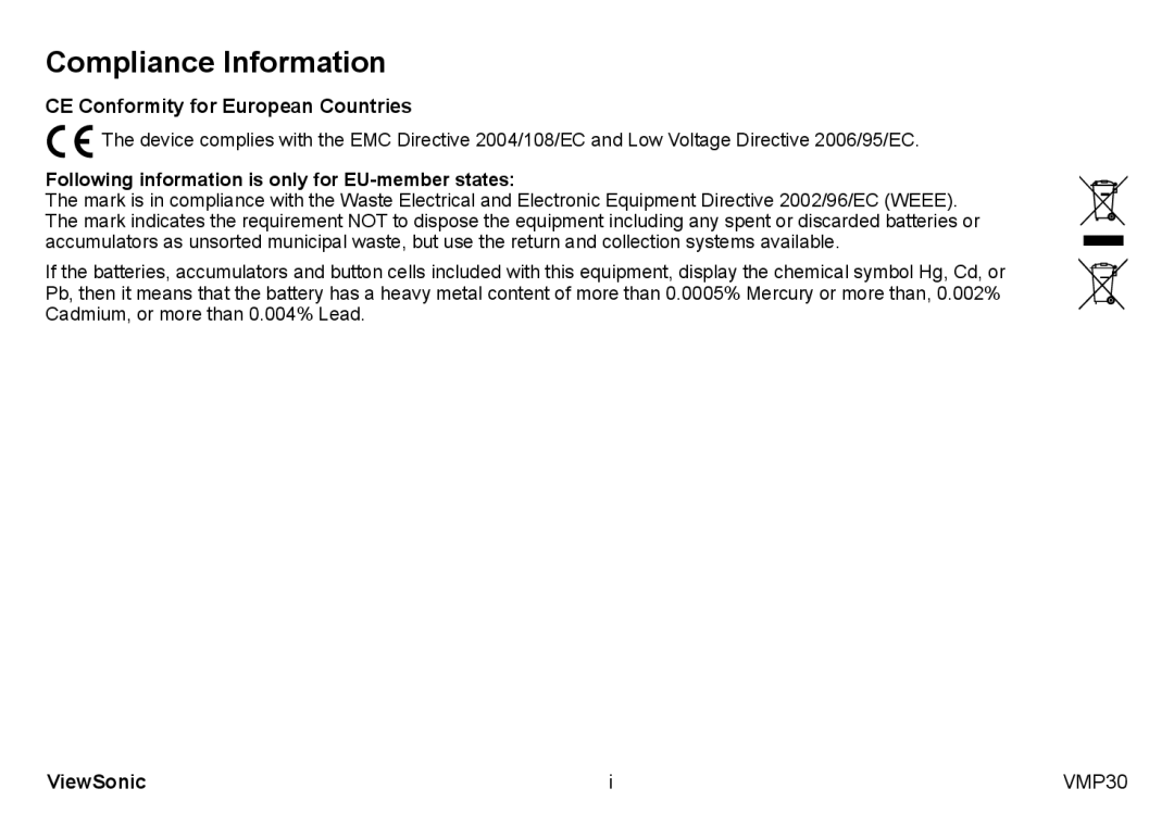 ViewSonic VS12770 manual Compliance Information, Following information is only for EU-member states 