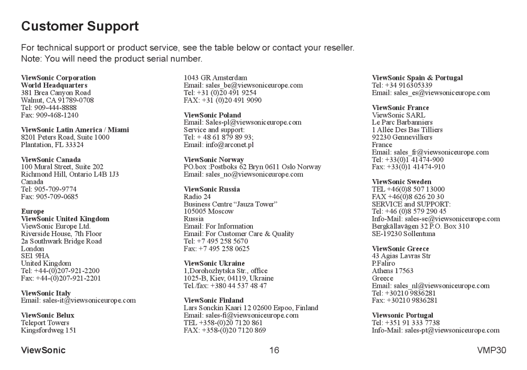 ViewSonic VS12770 manual Customer Support, World Headquarters 