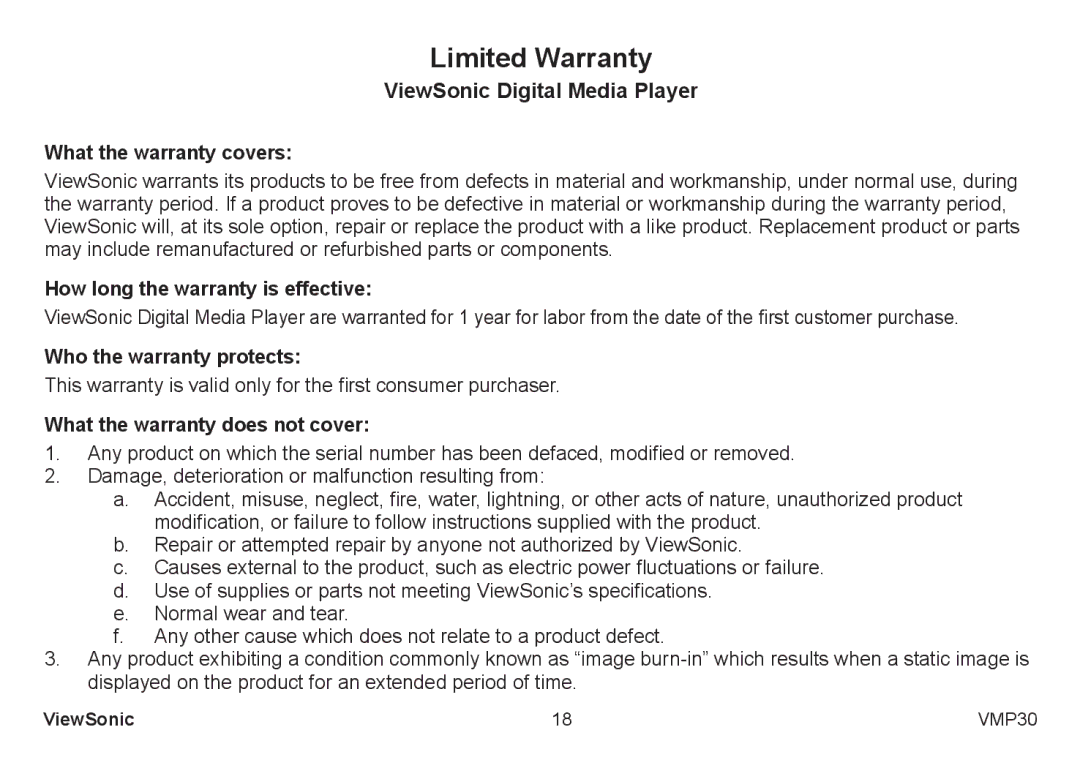 ViewSonic VS12770 Limited Warranty, ViewSonic Digital Media Player What the warranty covers, Who the warranty protects 