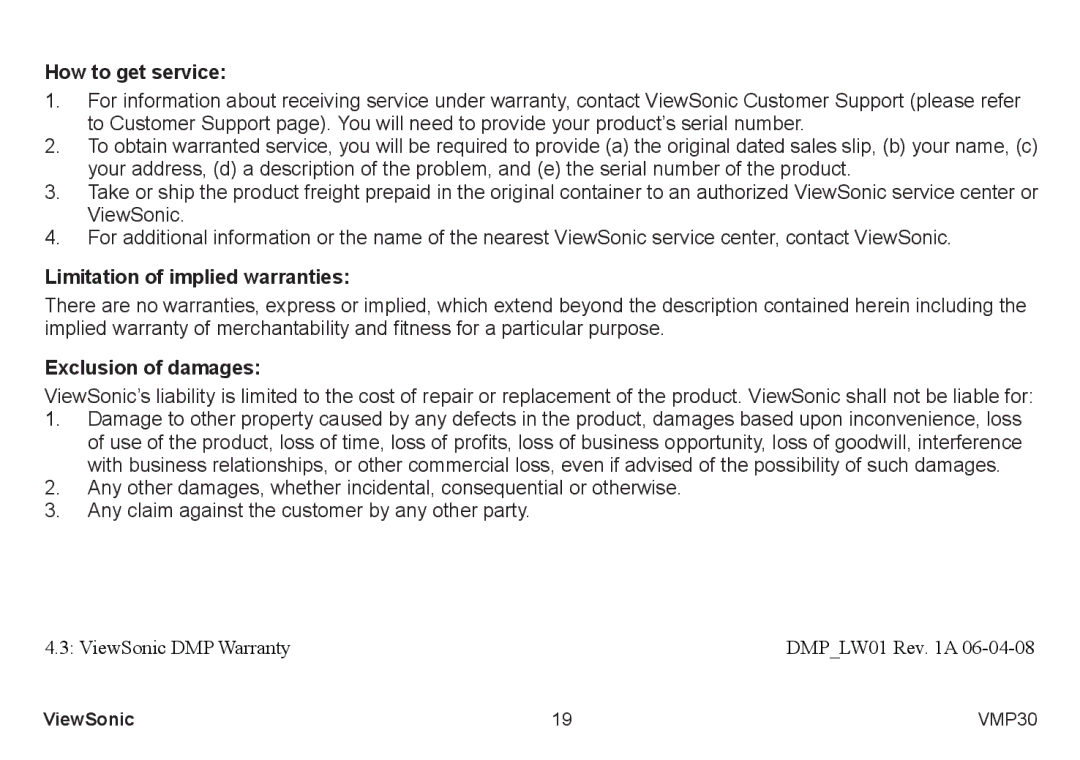 ViewSonic VS12770 manual How to get service, Limitation of implied warranties, Exclusion of damages 