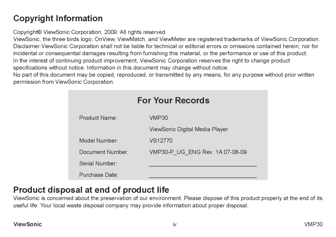 ViewSonic VS12770 manual Copyright Information, For Your Records, Product disposal at end of product life 