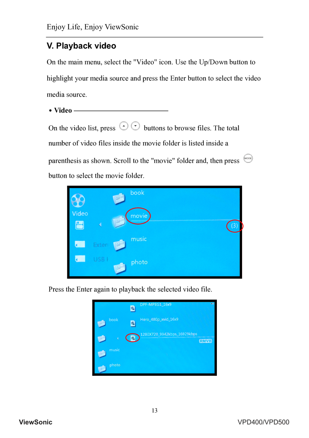 ViewSonic VS12836, VS12835 manual Playback video, ․Video 