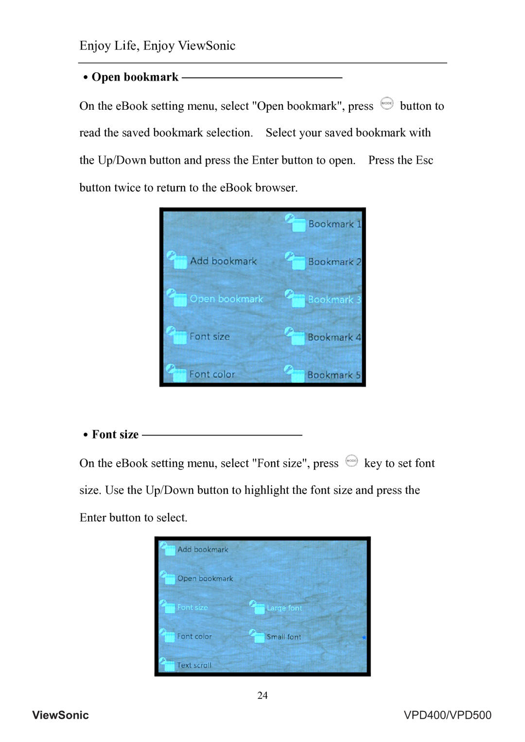 ViewSonic VS12835, VS12836 manual ․Open bookmark, ․Font size 