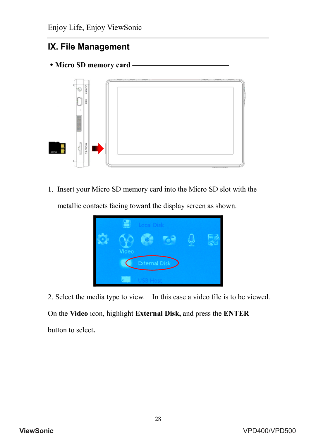 ViewSonic VS12835, VS12836 manual IX. File Management, ․Micro SD memory card 