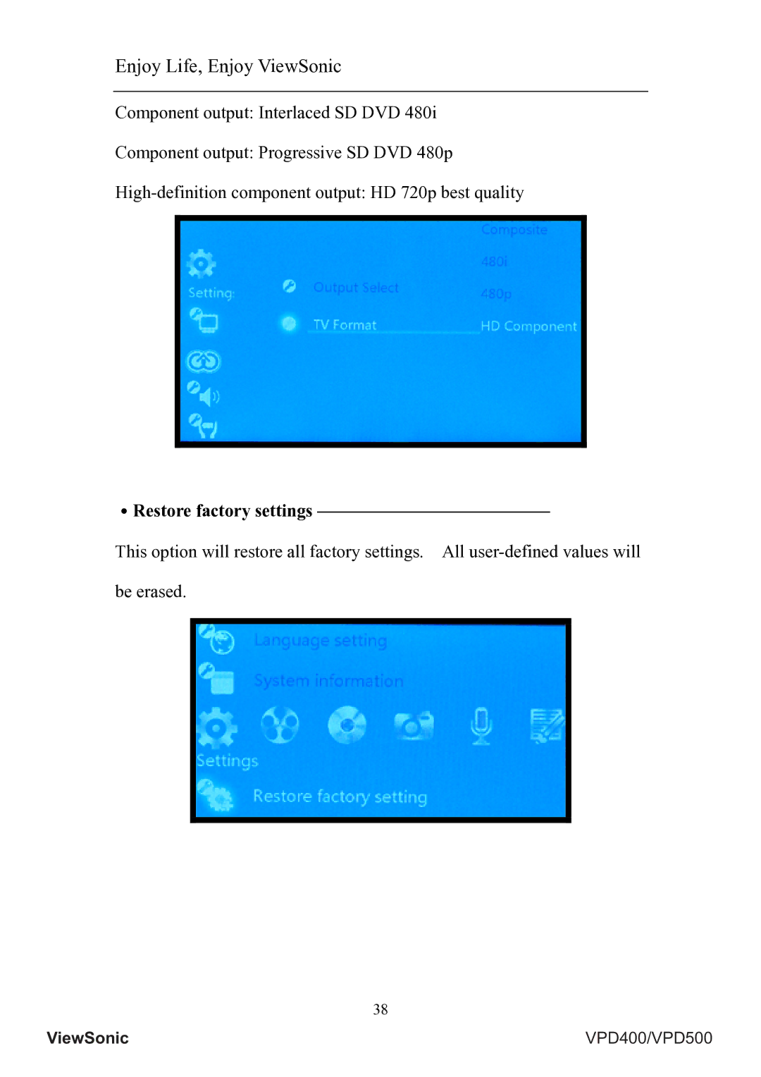 ViewSonic VS12835, VS12836 manual ․Restore factory settings 