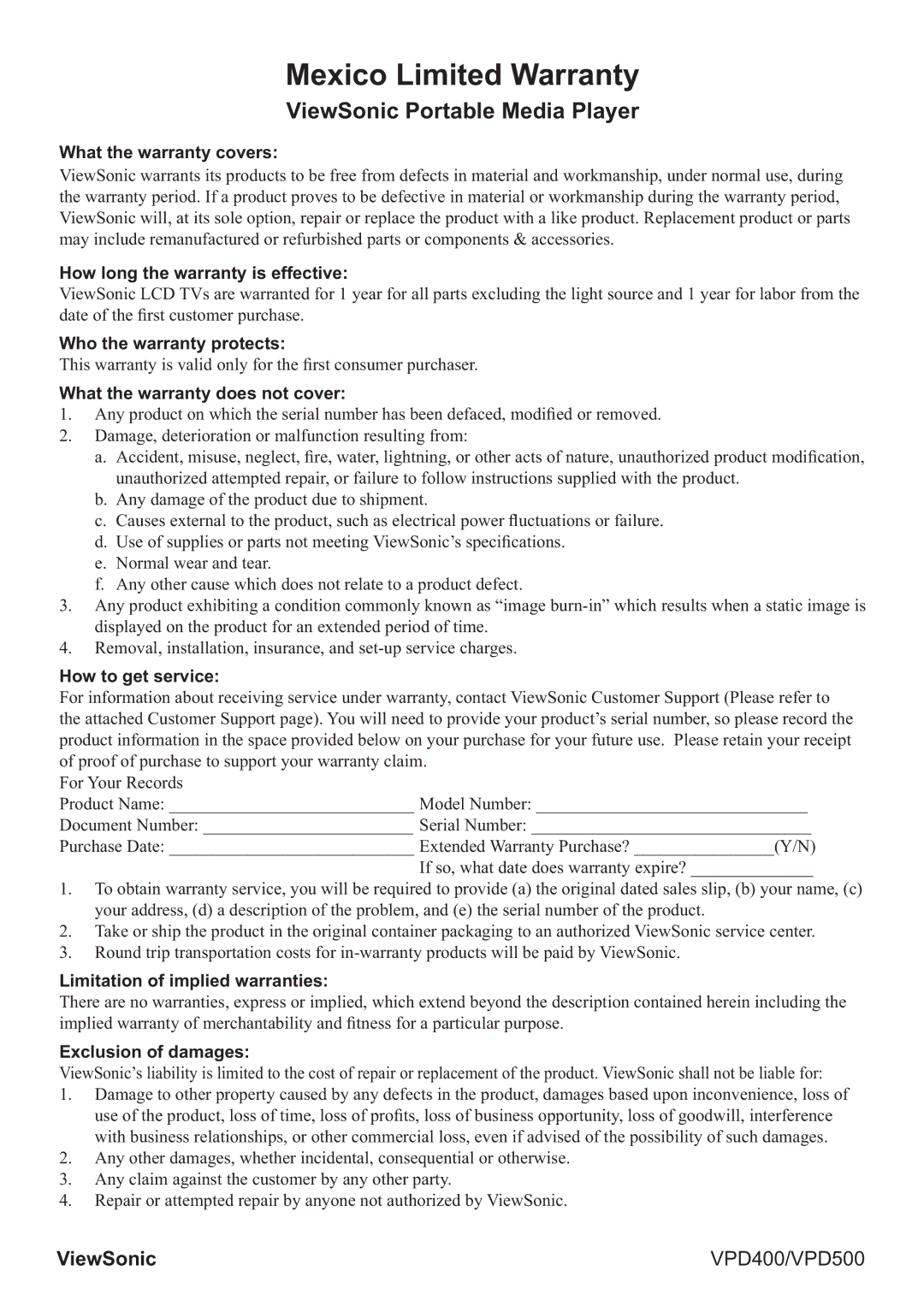 ViewSonic VS12836, VS12835 manual Mexico Limited Warranty 