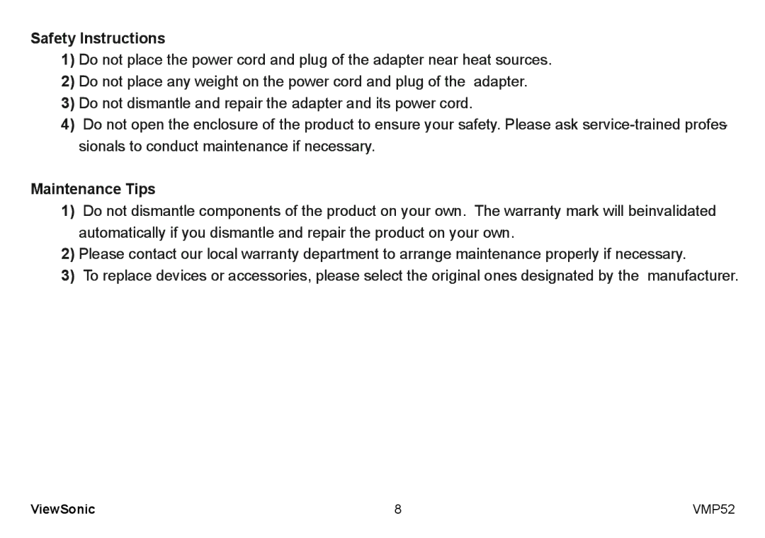 ViewSonic VS12840 manual Safety Instructions, Maintenance Tips 