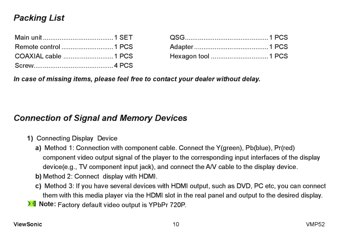 ViewSonic VS12840 manual Packing List, Connection of Signal and Memory Devices 