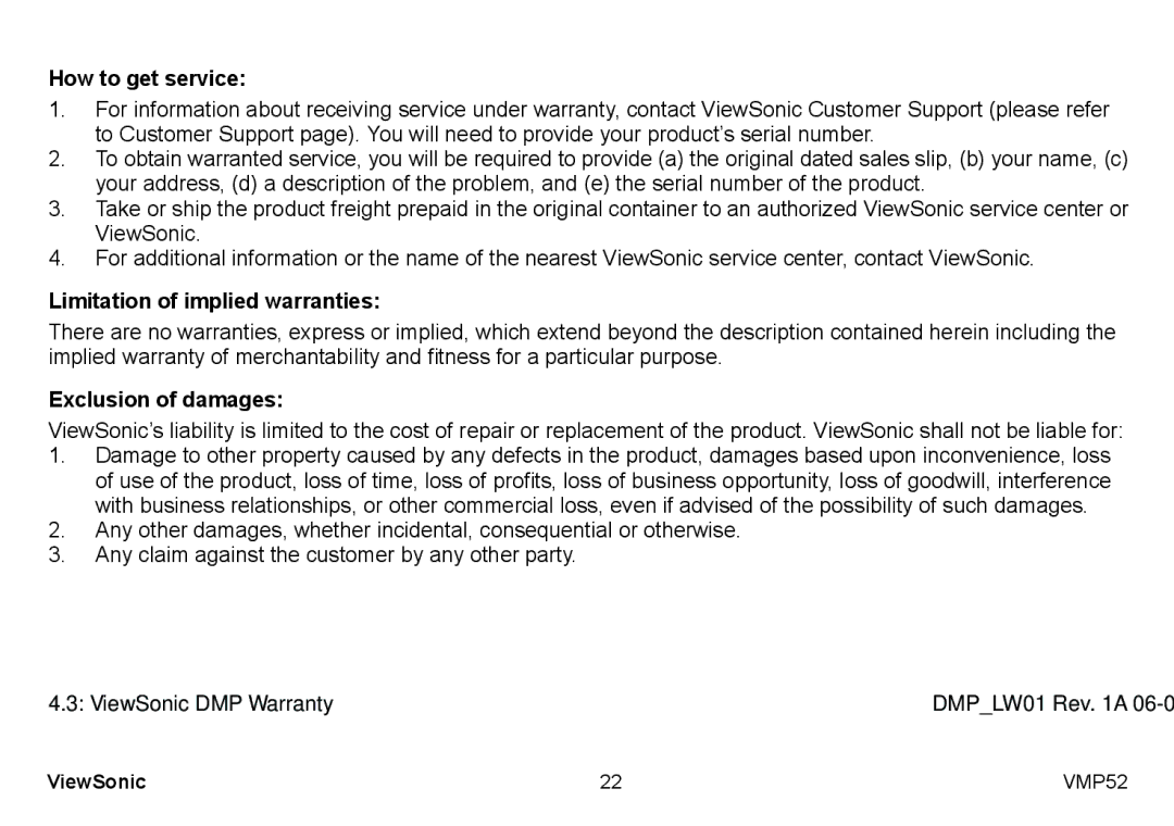 ViewSonic VS12840 manual How to get service, Limitation of implied warranties, Exclusion of damages 