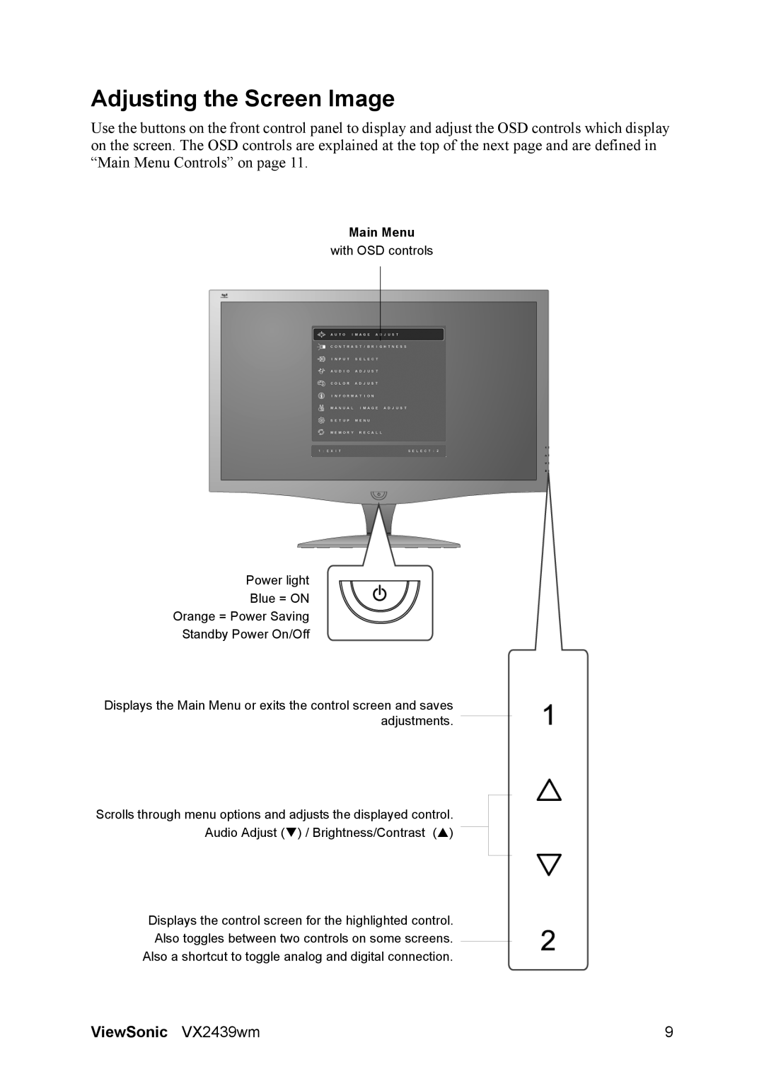 ViewSonic VS12841 warranty Adjusting the Screen Image, Main Menu 