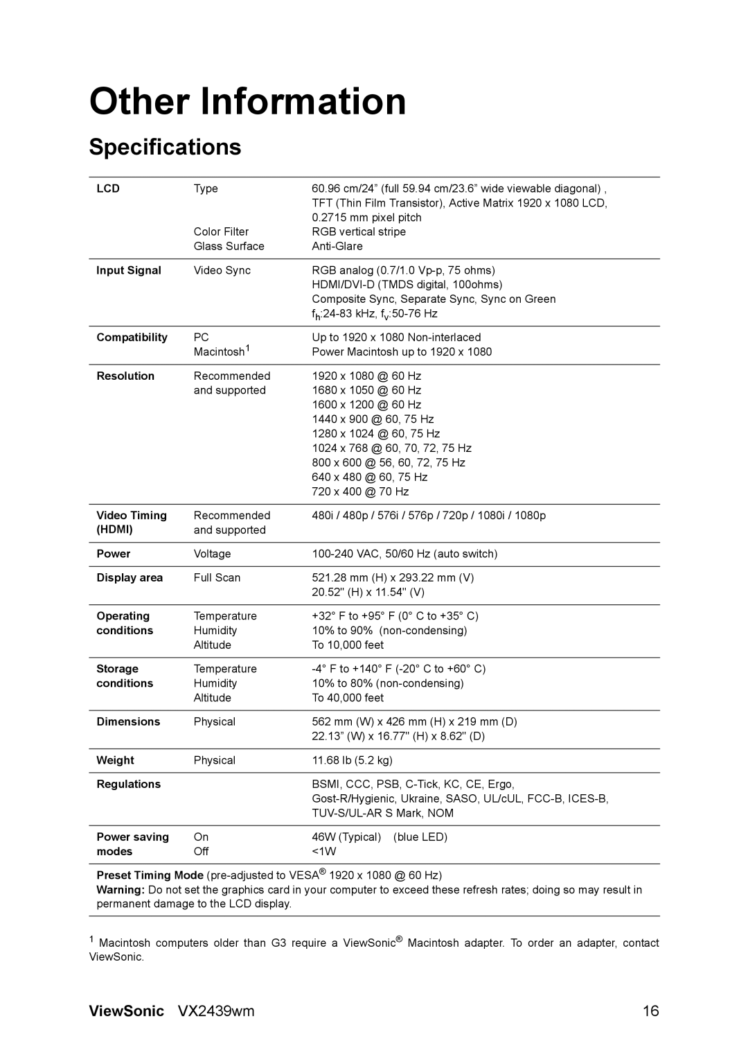 ViewSonic VS12841 warranty Other Information, Specifications 