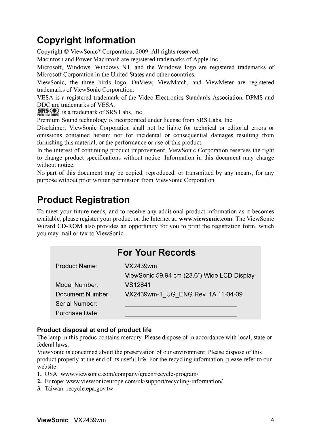 ViewSonic VS12841 Copyright Information, Product Registration For Your Records, Product disposal at end of product life 