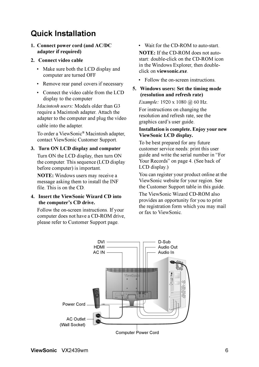 ViewSonic VS12841 warranty Quick Installation, Turn on LCD display and computer 