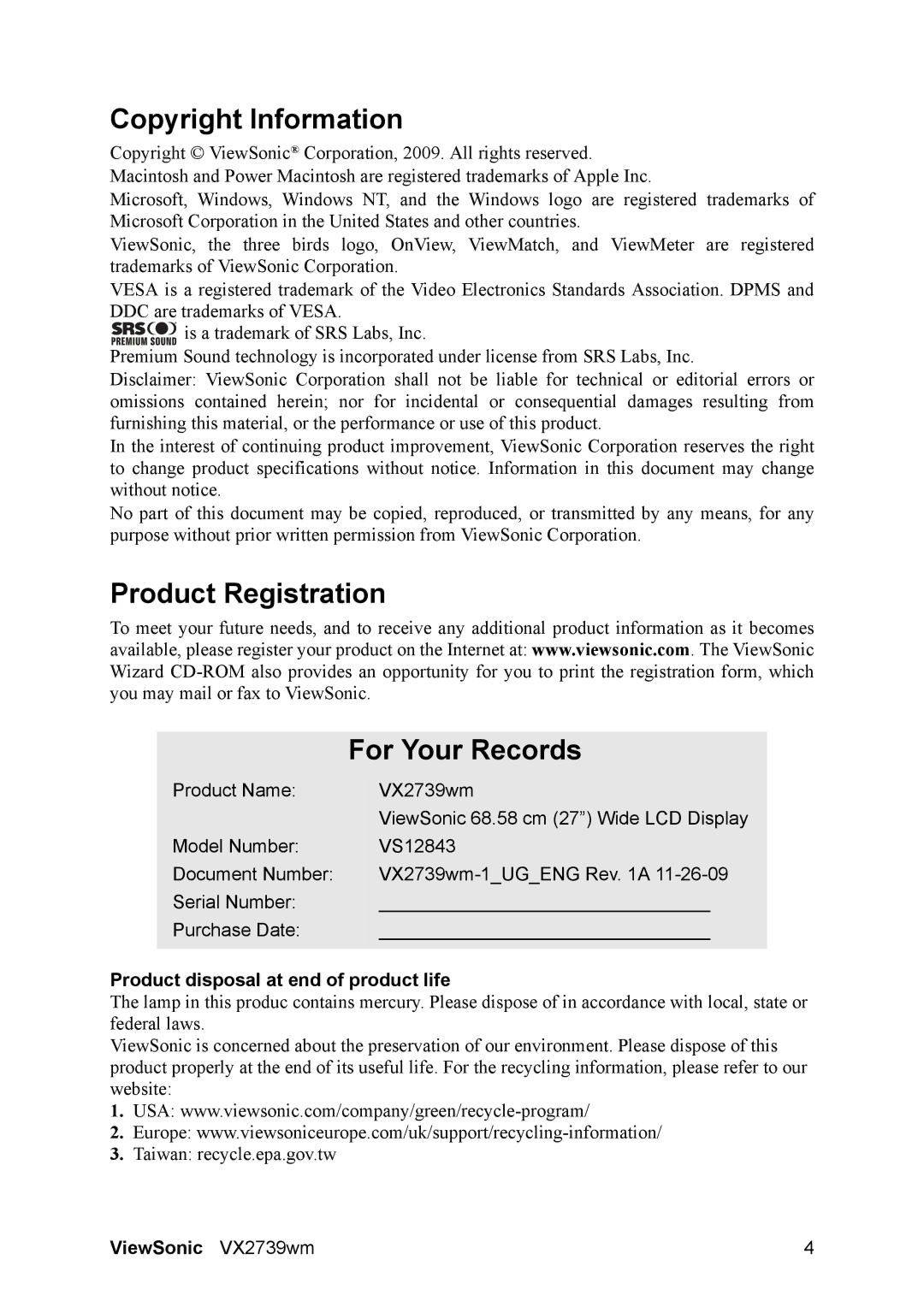 ViewSonic VS12843 Copyright Information, Product Registration For Your Records, Product disposal at end of product life 