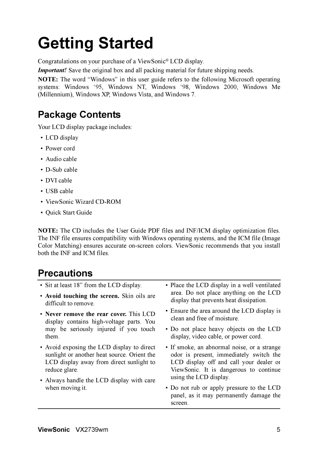 ViewSonic VS12843 warranty Package Contents, Precautions 