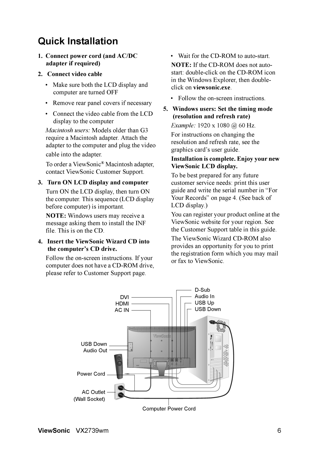 ViewSonic VS12843 warranty Quick Installation, Turn on LCD display and computer 