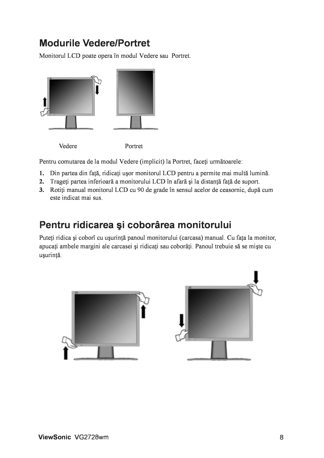 ViewSonic VS12844 manual Modurile Vedere/Portret, Pentru ridicarea şi coborârea monitorului, ViewSonic VG2728wm 