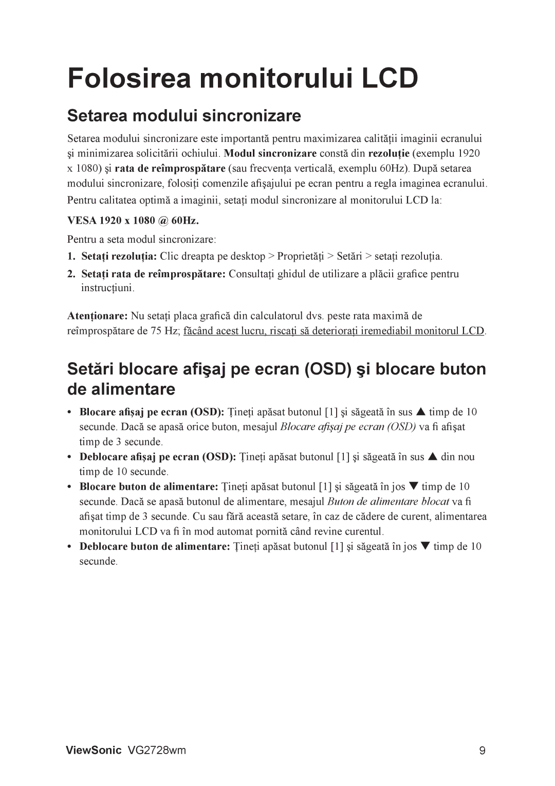 ViewSonic VS12844 manual Setarea modului sincronizare, Vesa 1920 x 1080 @ 60Hz 