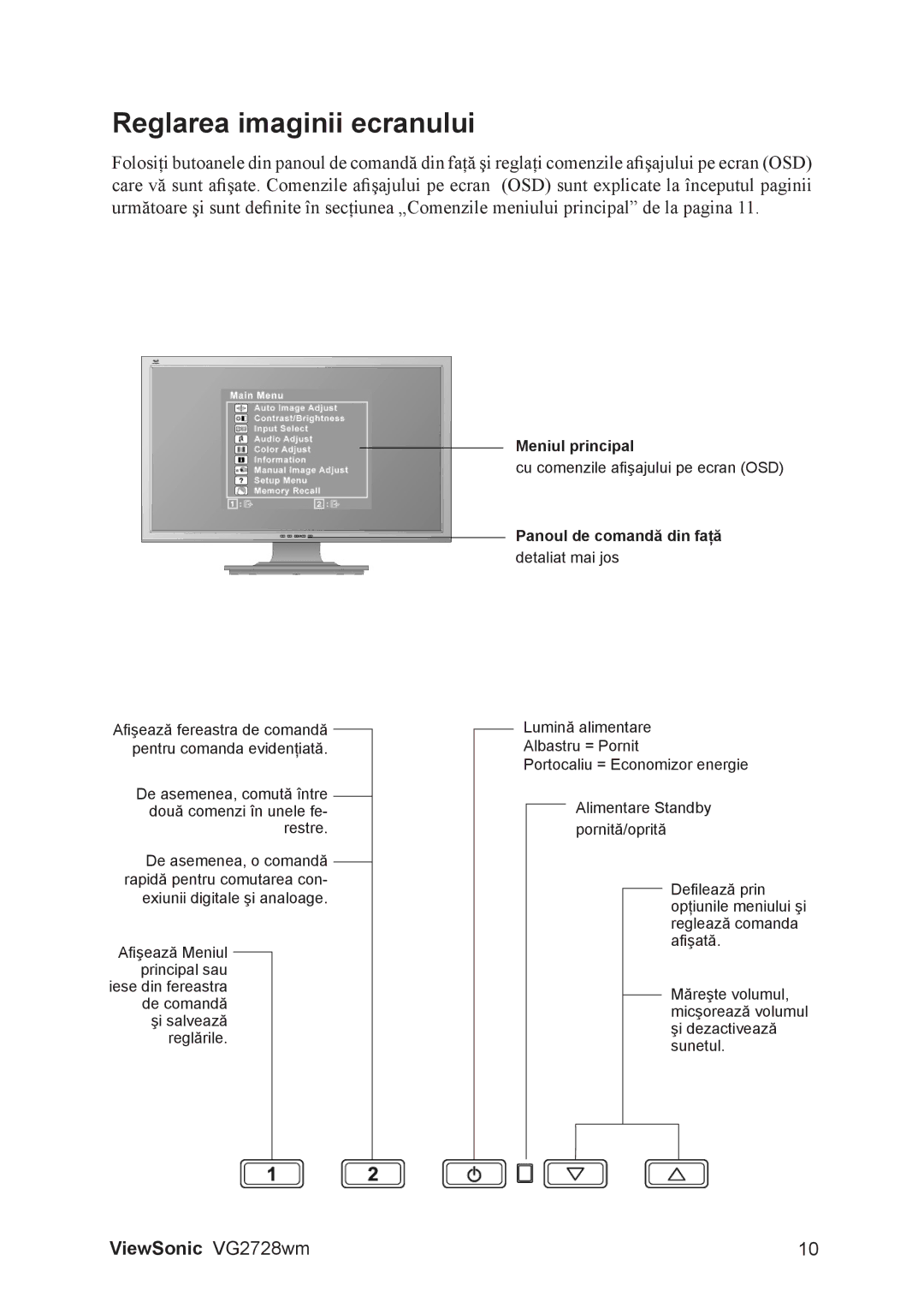 ViewSonic VS12844 manual Reglarea imaginii ecranului, Panoul de comandă din faţă 