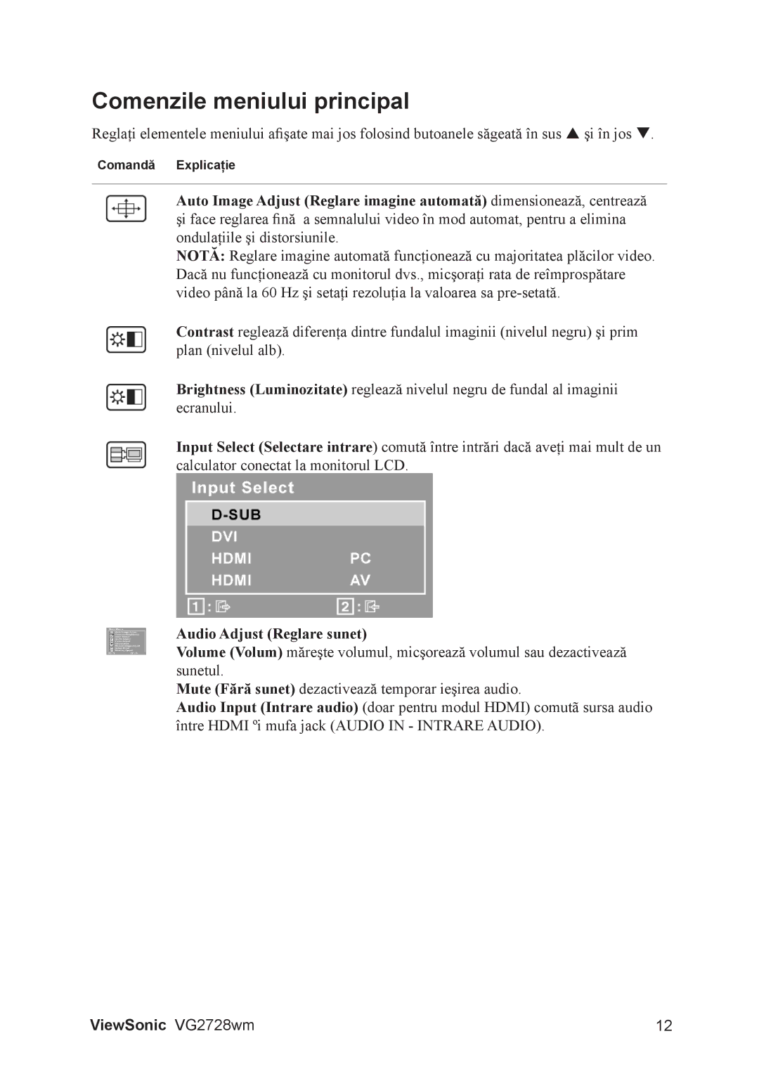 ViewSonic VS12844 manual Comenzile meniului principal, Audio Adjust Reglare sunet 