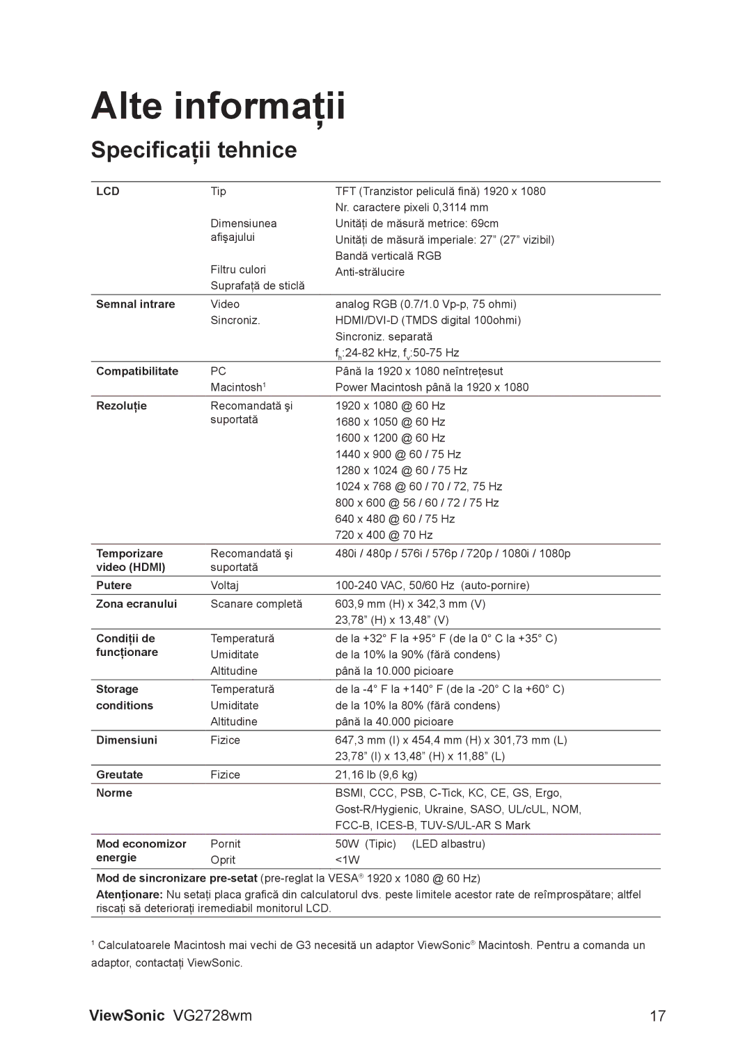 ViewSonic VS12844 manual Alte informaţii, Specificaţii tehnice 