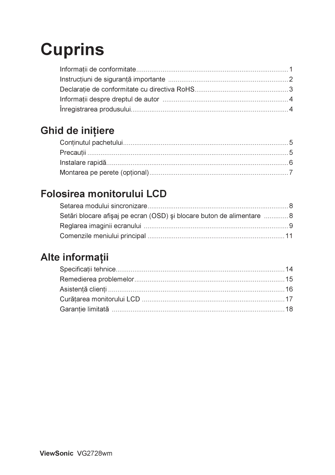 ViewSonic VS12844 manual Ghid de iniţiere, Folosirea monitorului LCD, Alte informaţii 