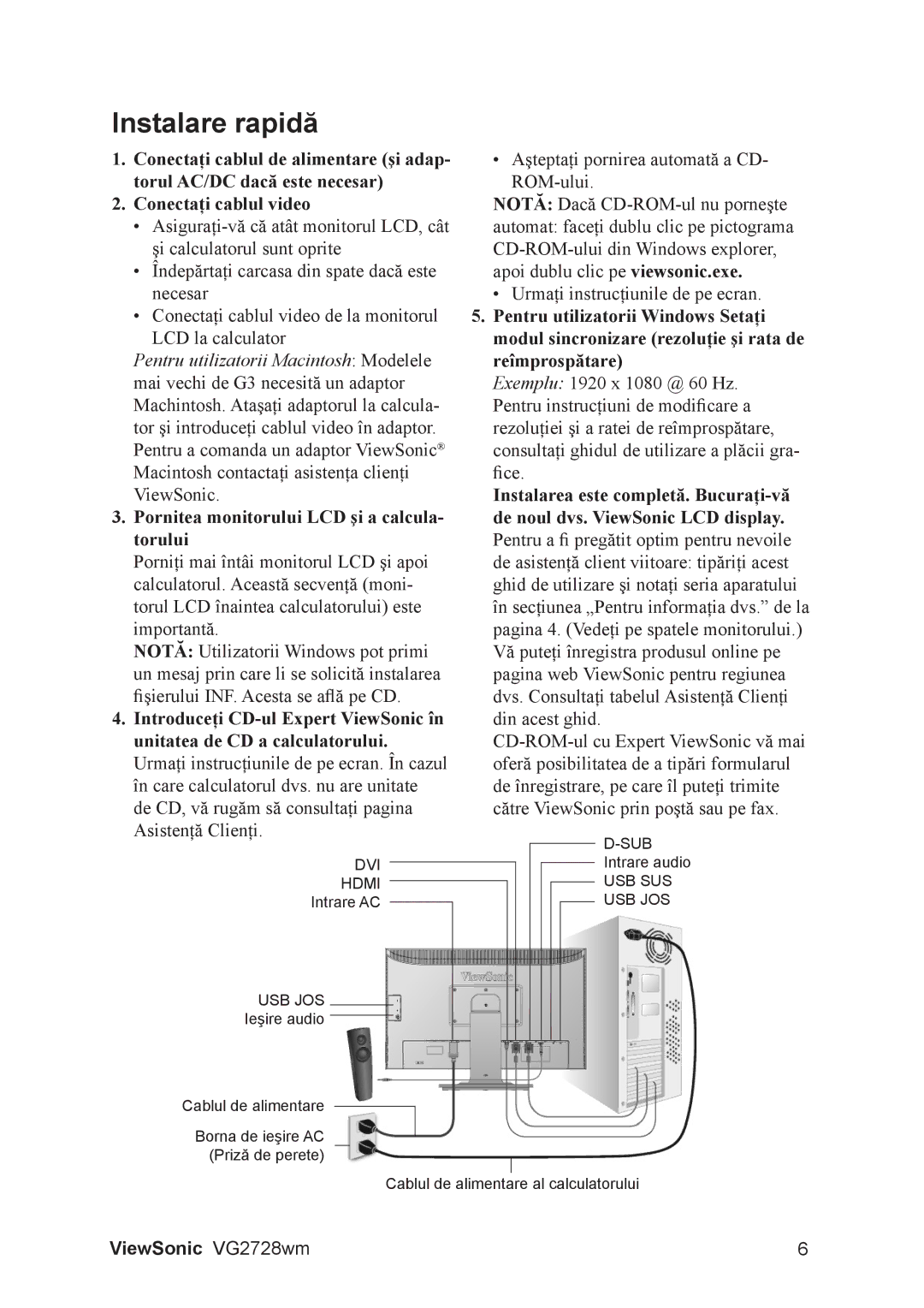 ViewSonic VS12844 manual Instalare rapidă 