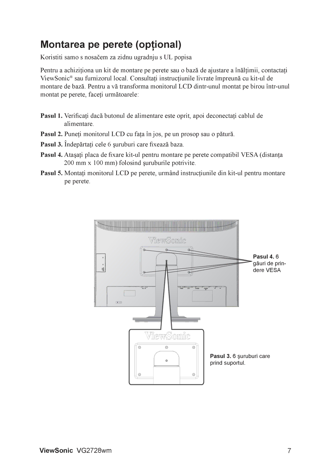 ViewSonic VS12844 manual Montarea pe perete opţional 