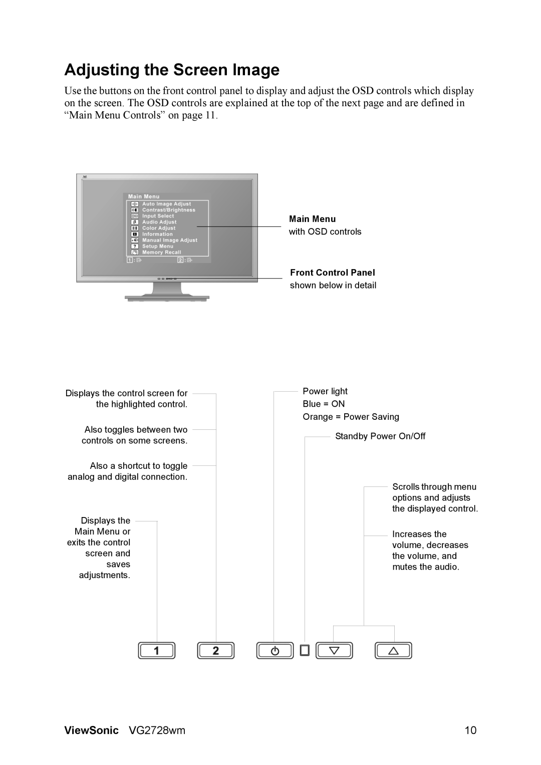 ViewSonic VS12844 warranty Adjusting the Screen Image, Front Control Panel 