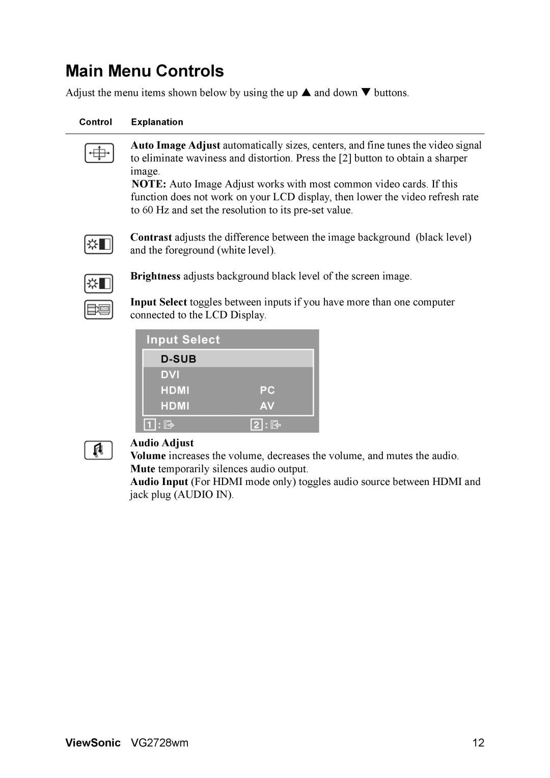 ViewSonic VS12844 warranty Main Menu Controls, Audio Adjust 