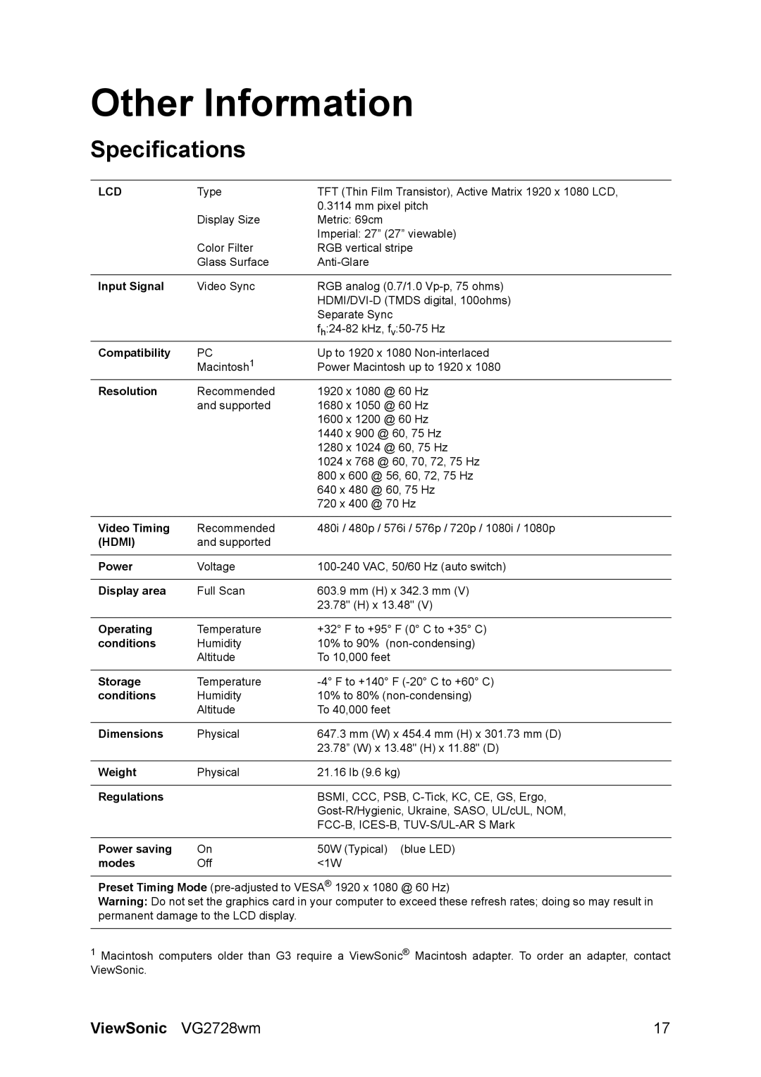 ViewSonic VS12844 warranty Other Information, Specifications 