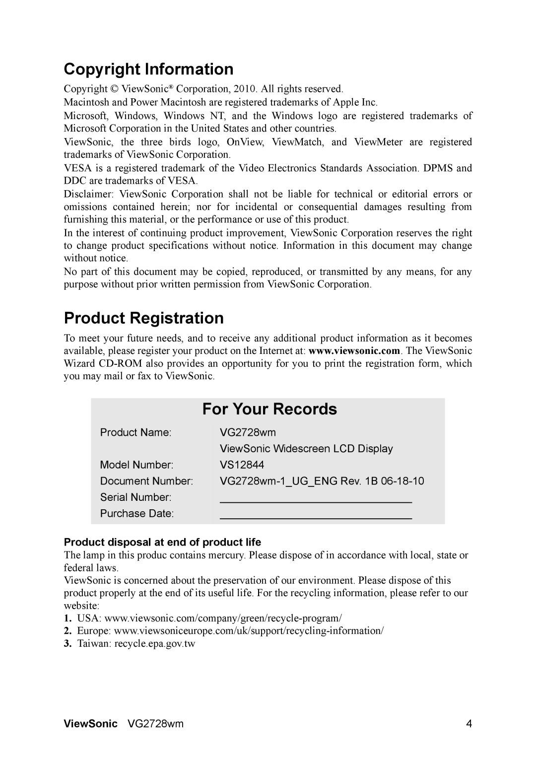 ViewSonic VS12844 Copyright Information, Product Registration For Your Records, Product disposal at end of product life 