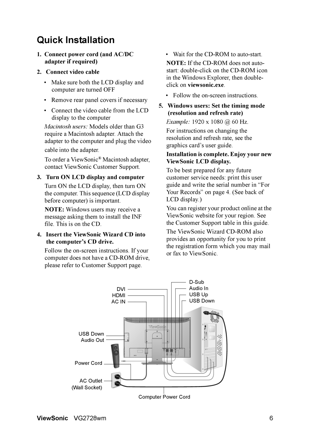 ViewSonic VS12844 warranty Quick Installation, Turn on LCD display and computer 