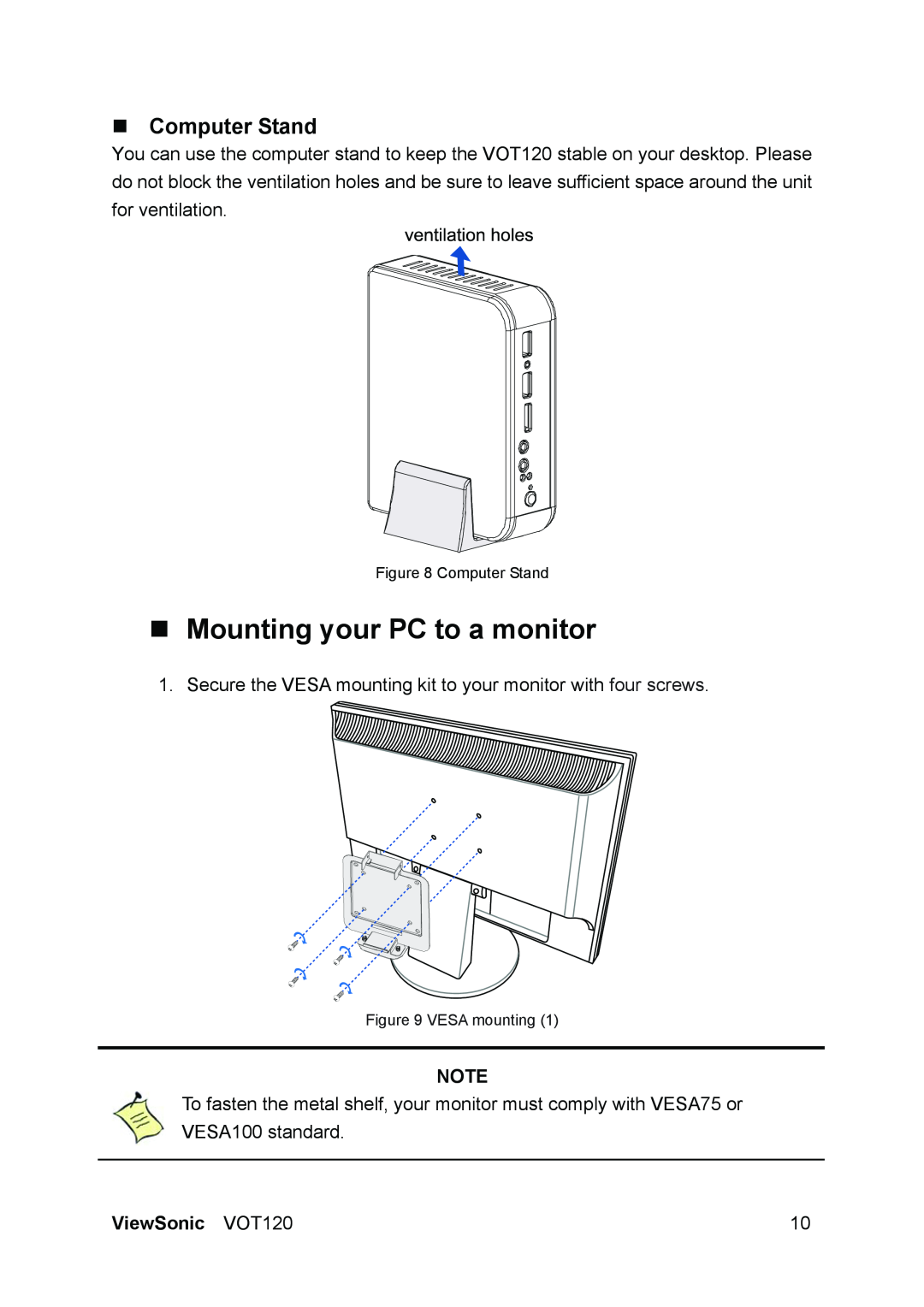 ViewSonic VS12869 manual „ Mounting your PC to a monitor, „ Computer Stand, ViewSonic VOT120 