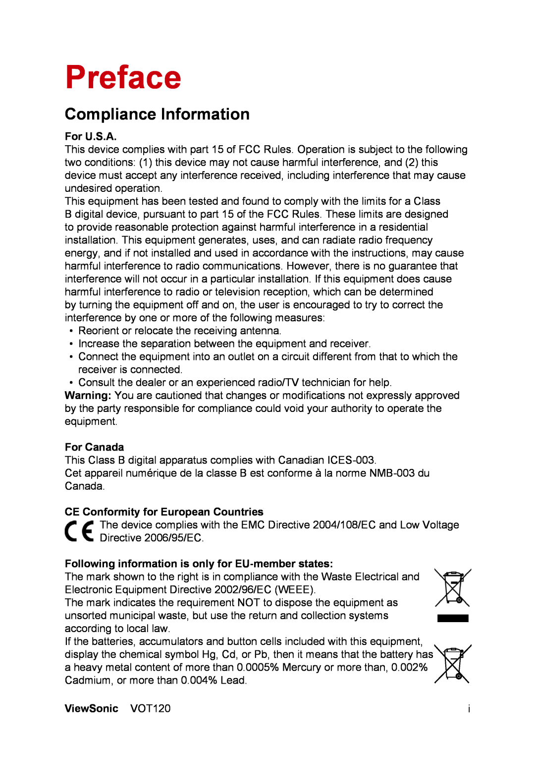 ViewSonic VS12869 Compliance Information, For U.S.A, For Canada, CE Conformity for European Countries, ViewSonic VOT120 