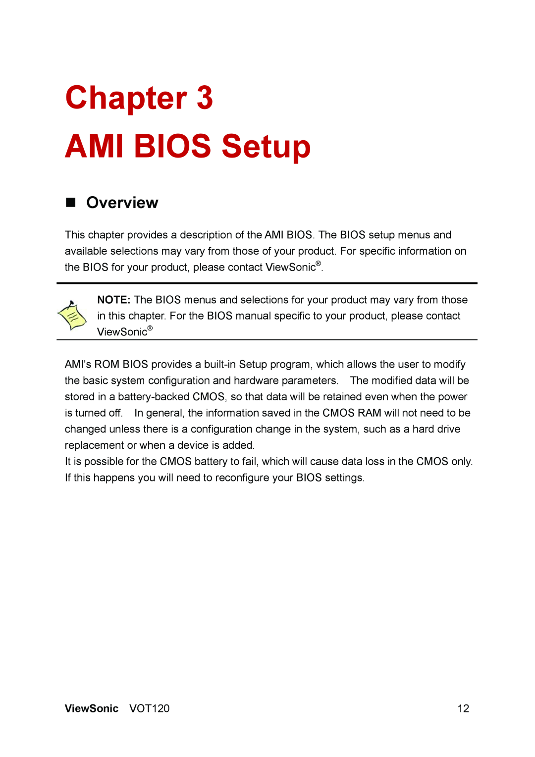 ViewSonic VS12869 manual Chapter AMI BIOS Setup, „ Overview, ViewSonic VOT120 