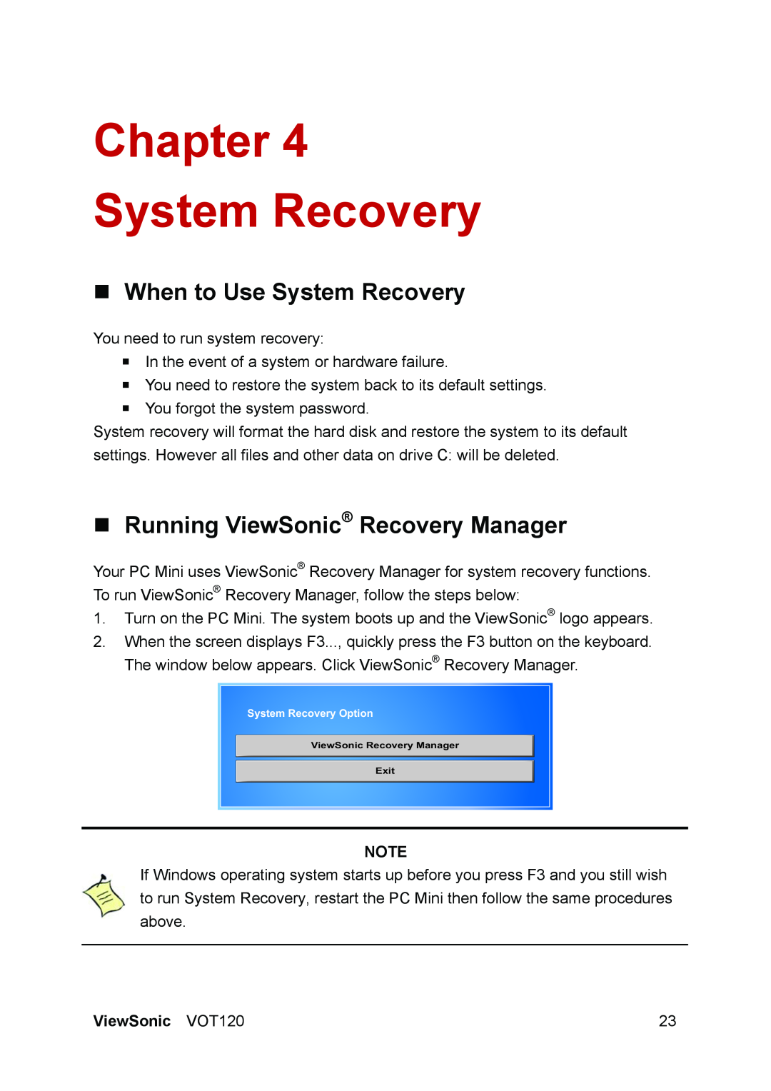 ViewSonic VS12869 manual Chapter System Recovery, „ When to Use System Recovery, „ Running ViewSonic Recovery Manager 