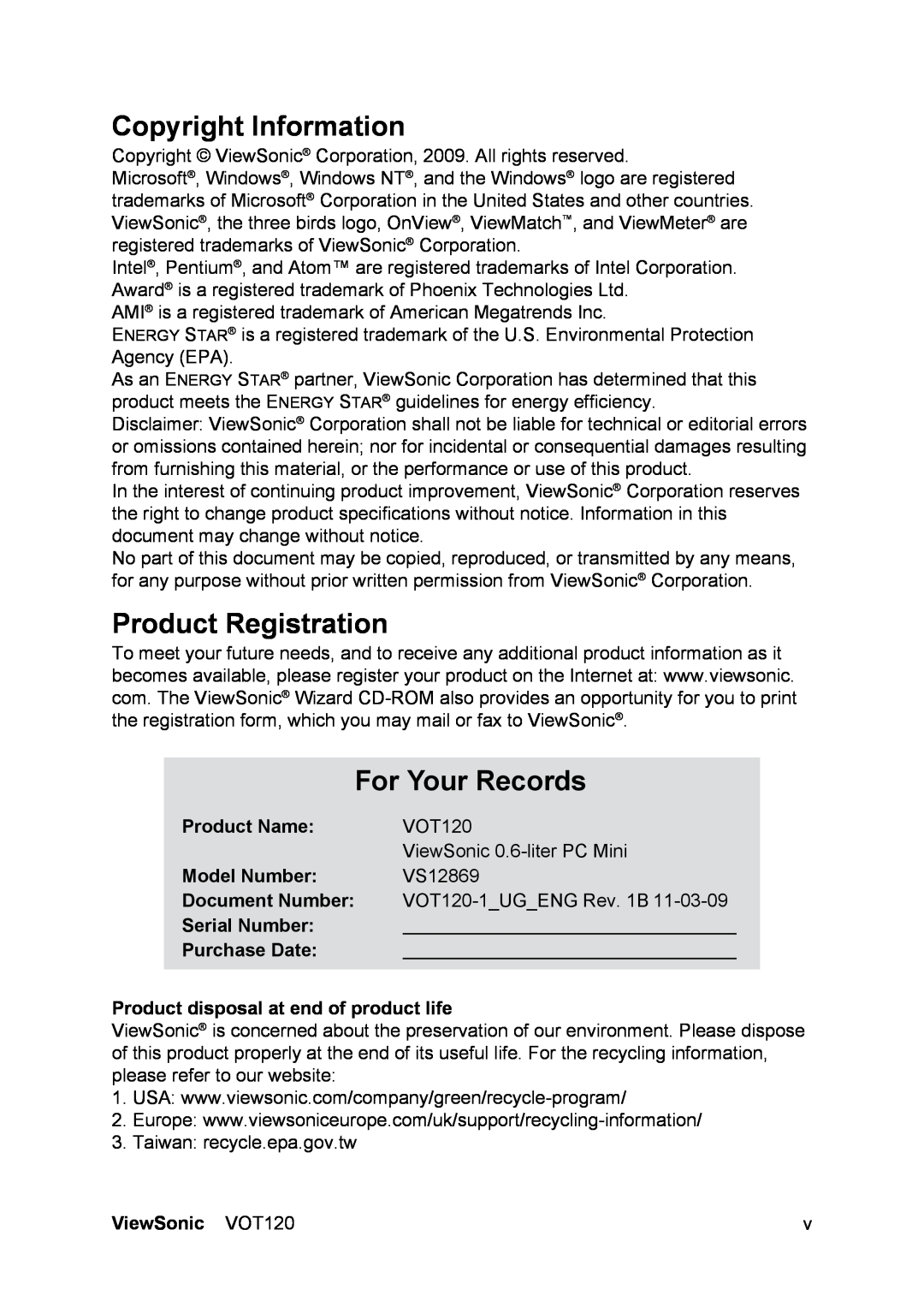 ViewSonic VS12869 Copyright Information, Product Registration, For Your Records, Product Name, Model Number, Serial Number 