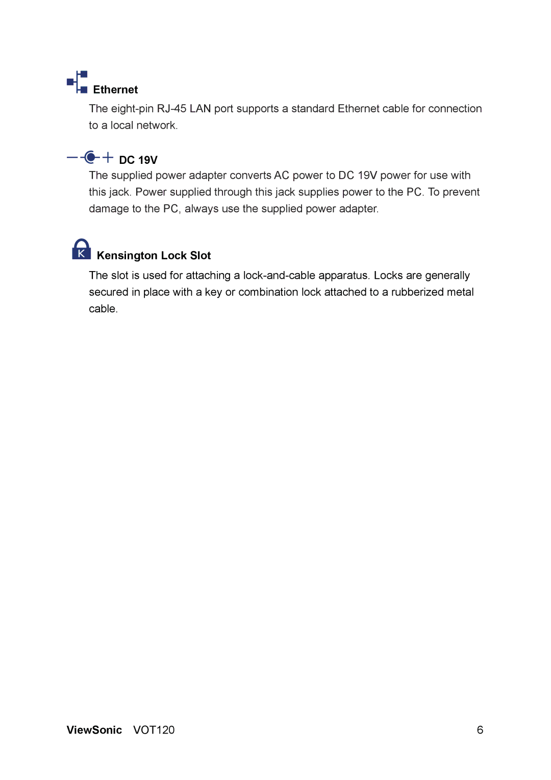 ViewSonic VS12869 manual Ethernet, Kensington Lock Slot 