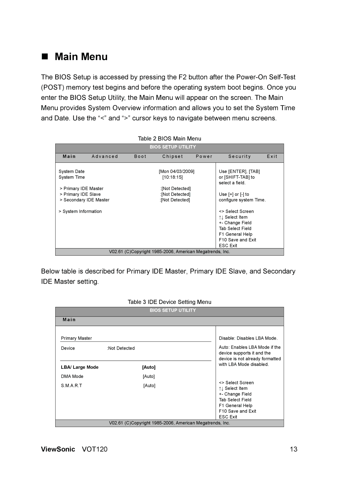 ViewSonic VS12869 manual „ Main Menu, Bios Main Menu, IDE Device Setting Menu, I n, LBA/ Large Mode 