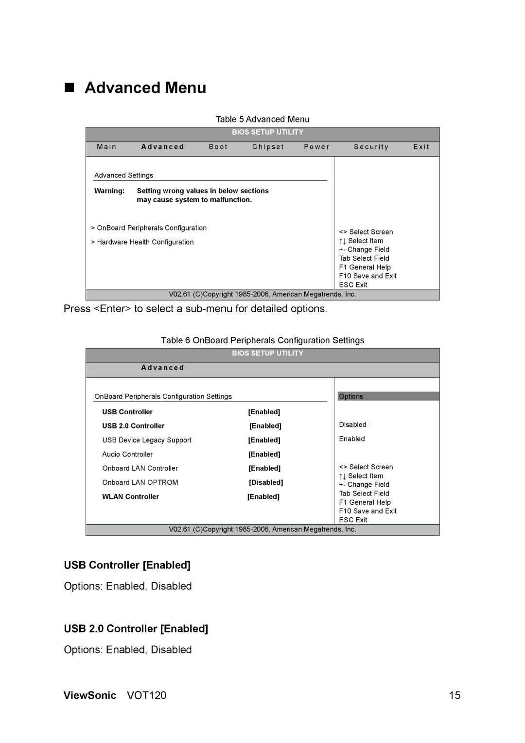 ViewSonic VS12869 manual „ Advanced Menu, USB Controller Enabled, USB 2.0 Controller Enabled 