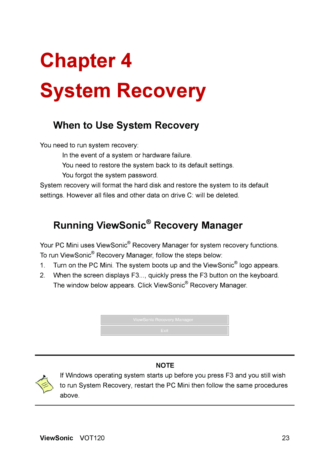 ViewSonic VS12869 manual „ When to Use System Recovery, „ Running ViewSonic Recovery Manager 