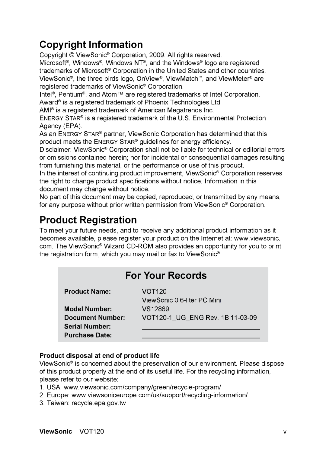 ViewSonic VS12869 manual Copyright Information, Product Registration For Your Records, Product Name, Model Number 