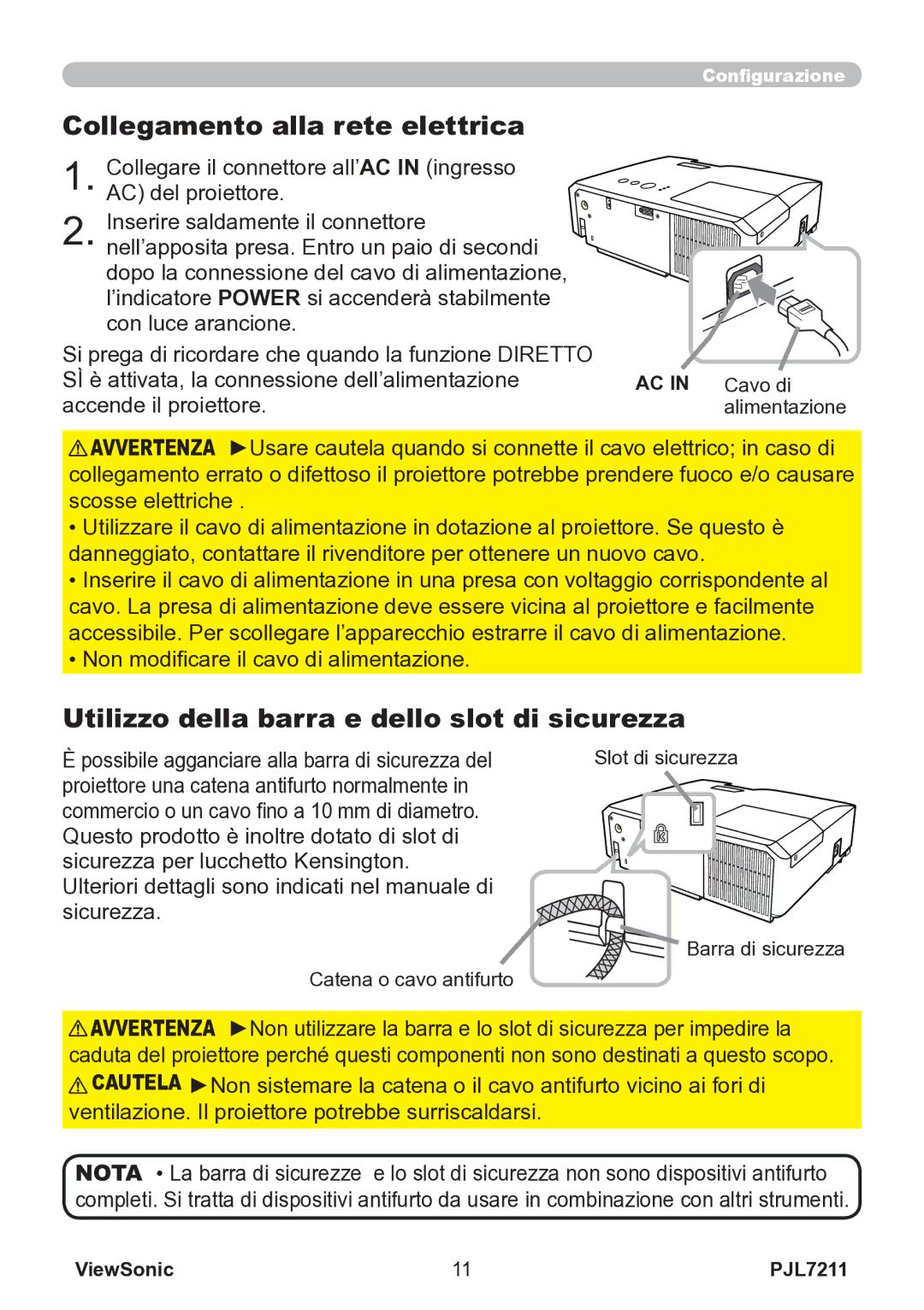 ViewSonic VS12890 manual Collegamento alla rete elettrica, Utilizzo della barra e dello slot di sicurezza, AC in Cavo di 