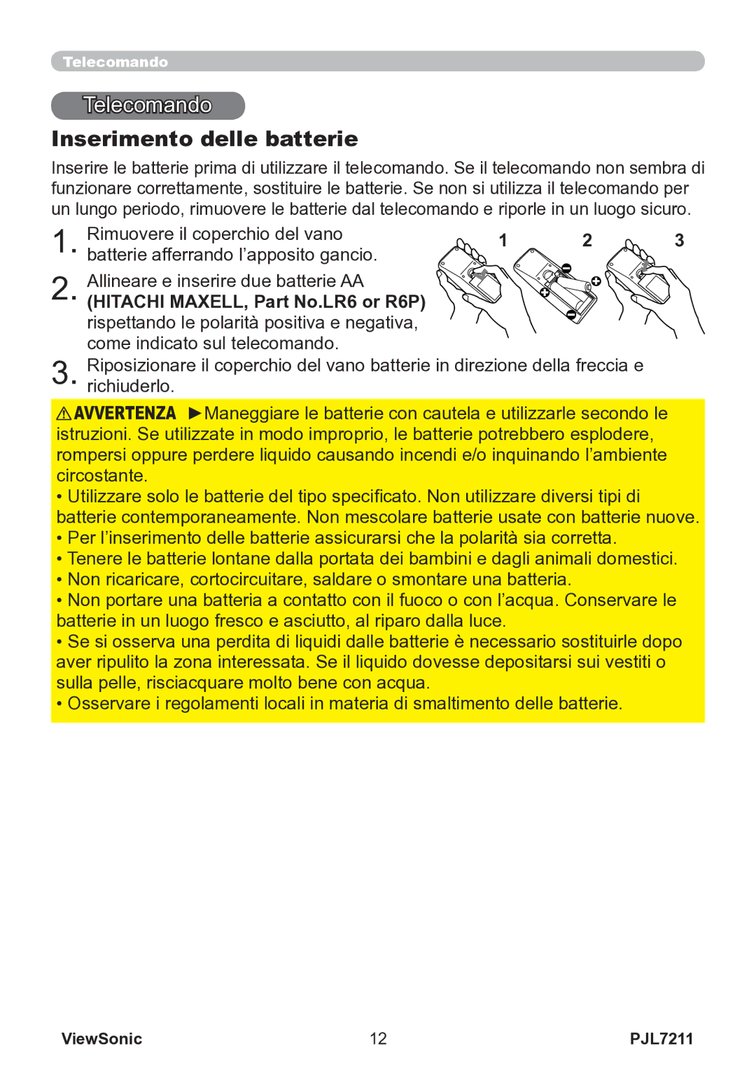 ViewSonic VS12890 manual Telecomando, Inserimento delle batterie 