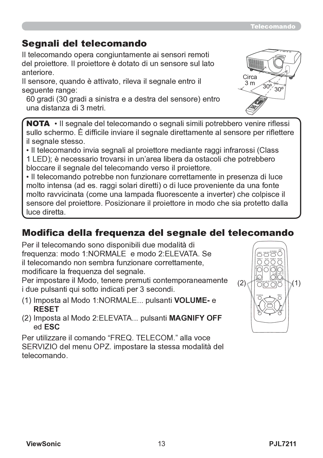 ViewSonic VS12890 manual Segnali del telecomando, Modifica della frequenza del segnale del telecomando 