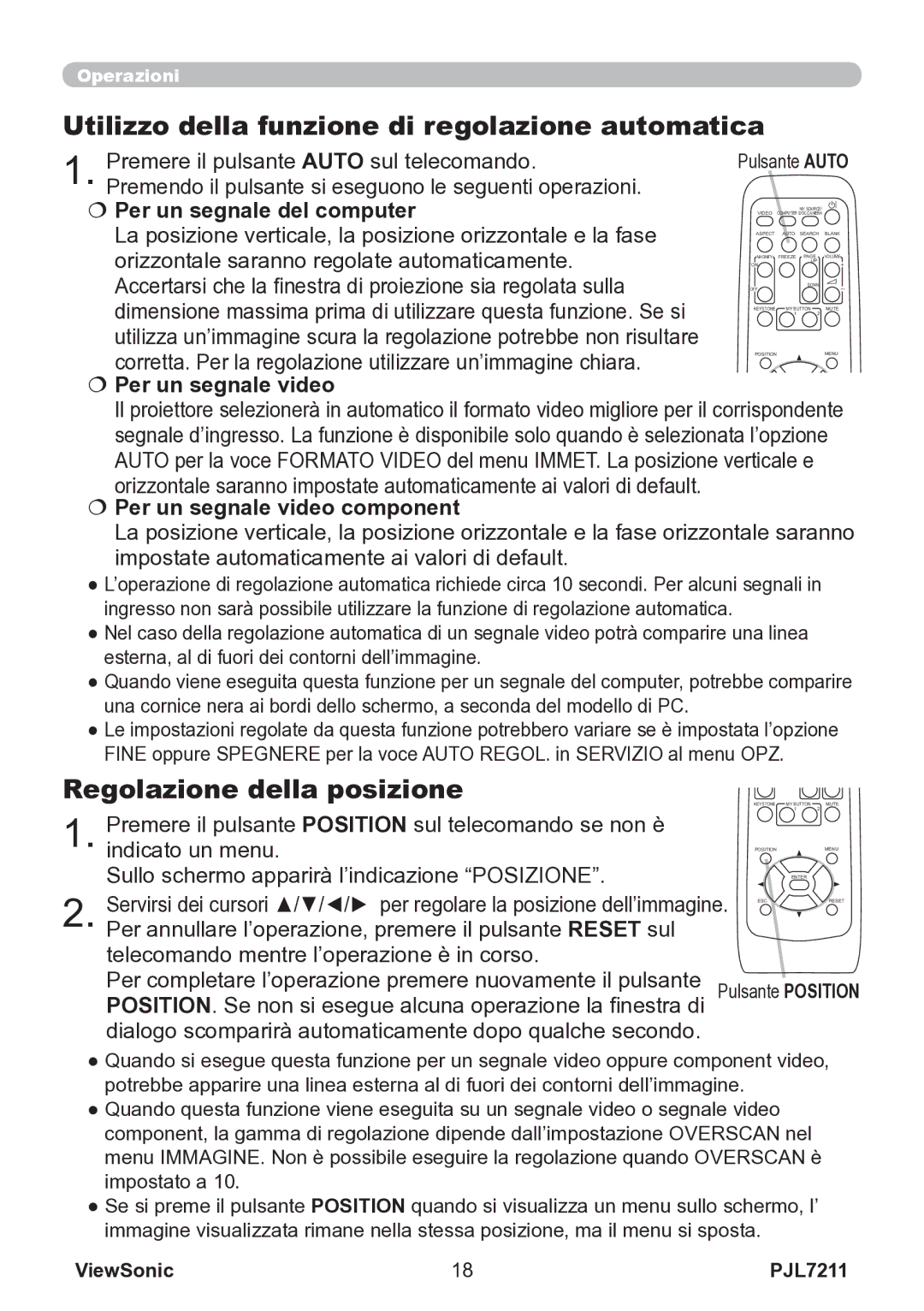 ViewSonic VS12890 Utilizzo della funzione di regolazione automatica, Regolazione della posizione,  Per un segnale video 