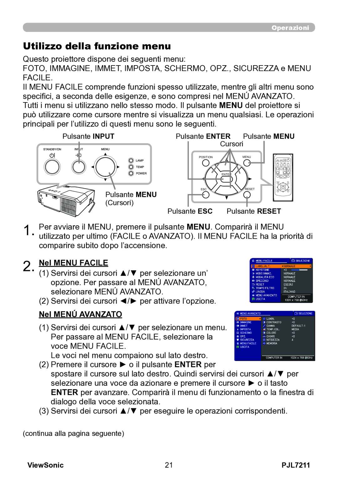 ViewSonic VS12890 manual Utilizzo della funzione menu, Nel Menu Facile, Nel Menú Avanzato 